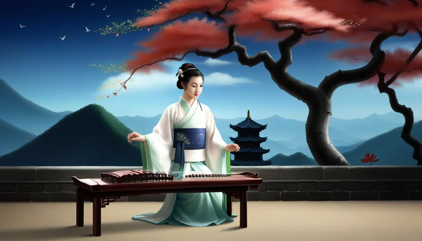 1女孩側sit背影,Solitary,A faint smile,Wearing Tang Dynasty clothes,East Asian Architecture,wall,table,firefly,flamingo,night,ginkgo leaf,Erhu,sit,wooden chair,sit , Guzheng,Musical instrument ，Vision，there is a painting there，A painting of a Chinese building，There is a red tree next to it。, Dojo on the mountain, zen Temple Background, Ross Chen. Landscape background, 3D Rendering Matte, Beautiful rendering of the Tang Dynasty, cgsociety Unreal Engine, matte painting Unreal Engine, Akihiko Yoshida. Unreal Engine, rendered in Unreal Engine 5, 游戏environment设计, environment, Temple Background