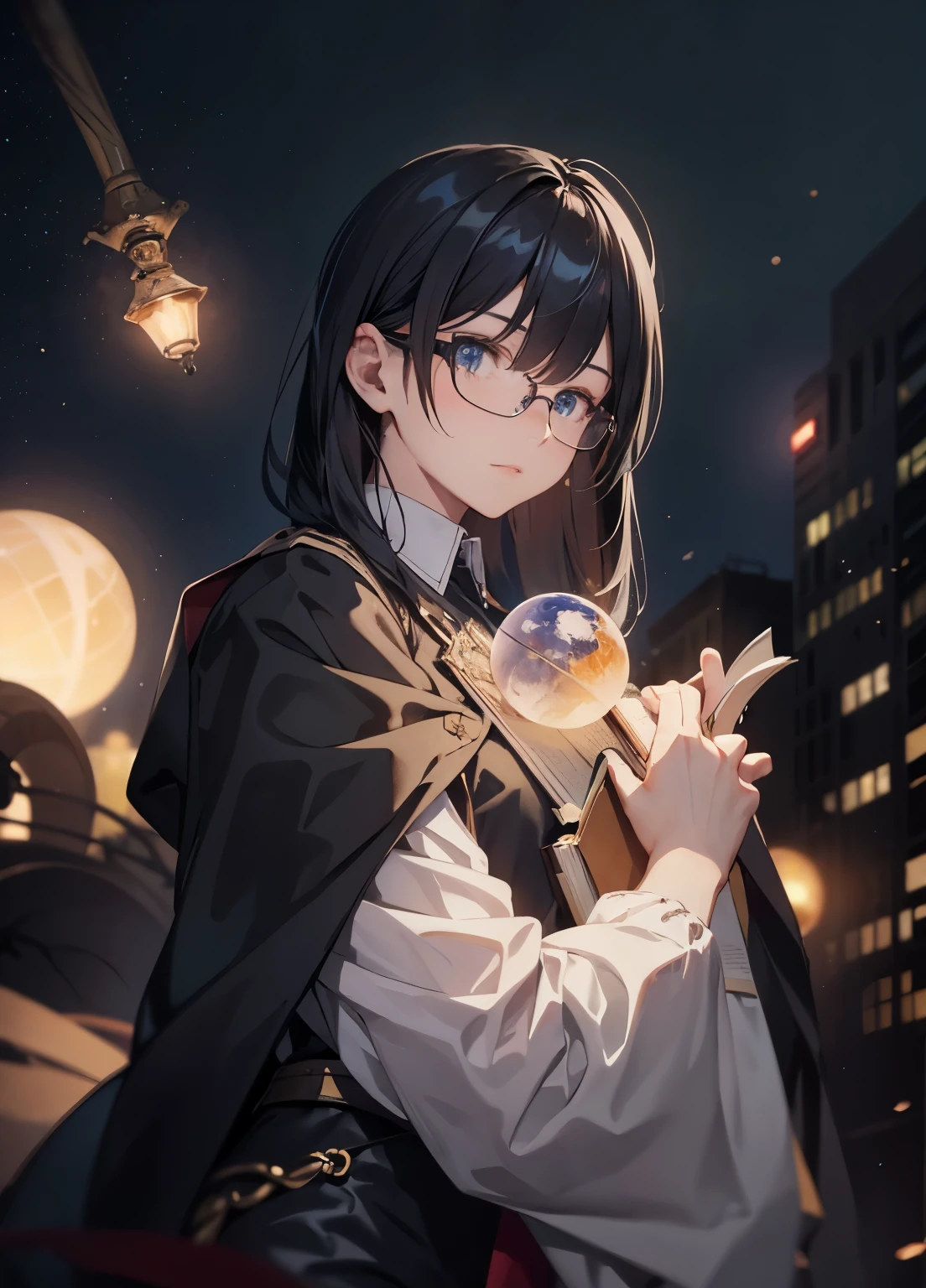 Handsome man with black hair，Long bangs，Glasses，Two hands holding an open book, A planet shaped like a lamp came out of the book, City background with people, The background is blurred, Realistic image.