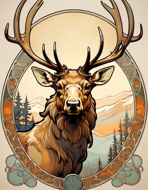 ccxl-mucha, art style, elk, portrait