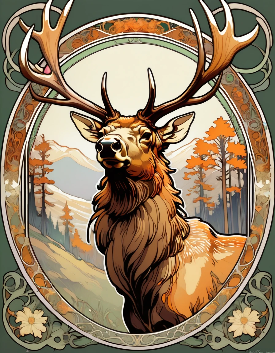 ccxl-mucha, art style, elk, portrait 