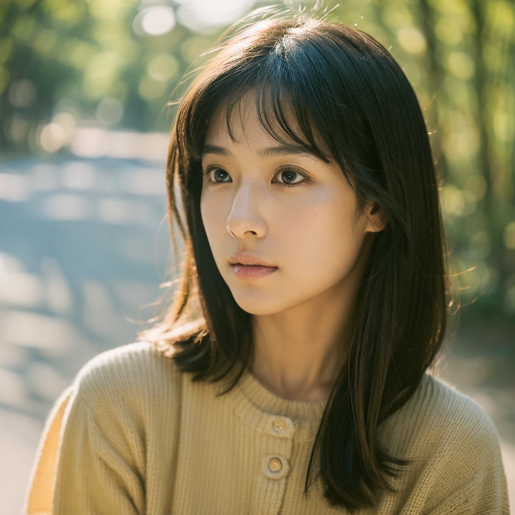 A hyper-realistic image of a single Japanese woman in her early 20s, captured with the nostalgic warmth and subtle graininess of a film camera. Her skin has a warm beige tone with a natural, slightly rough texture that includes visible pores, fine lines, and subtle imperfections such as small blemishes, adding to the authenticity of her appearance. The soft, diffused natural light enhances the film-like quality, casting gentle shadows that create a timeless, organic feel. Her straight, glossy black hair frames her face in a natural, slightly tousled manner, and her deep brown eyes reflect the ambient light, adding depth and emotion. The film camera effect introduces a slight grain and a softer focus, giving the image a warm, nostalgic atmosphere while maintaining the realistic texture of her skin. She is dressed simply, in a way that complements her natural beauty, with the overall composition designed to evoke a sense of genuine, understated elegance. The use of natural light, combined with the deliberately rougher texture of her skin and the film-like qualities, ensures that this image captures the imperfections that make her beauty truly lifelike, focusing solely on this one individual.