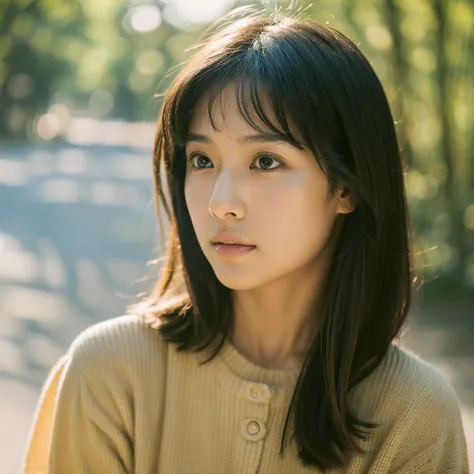 a hyper-realistic image of a single japanese woman in her early 20s, captured with the nostalgic warmth and subtle graininess of...