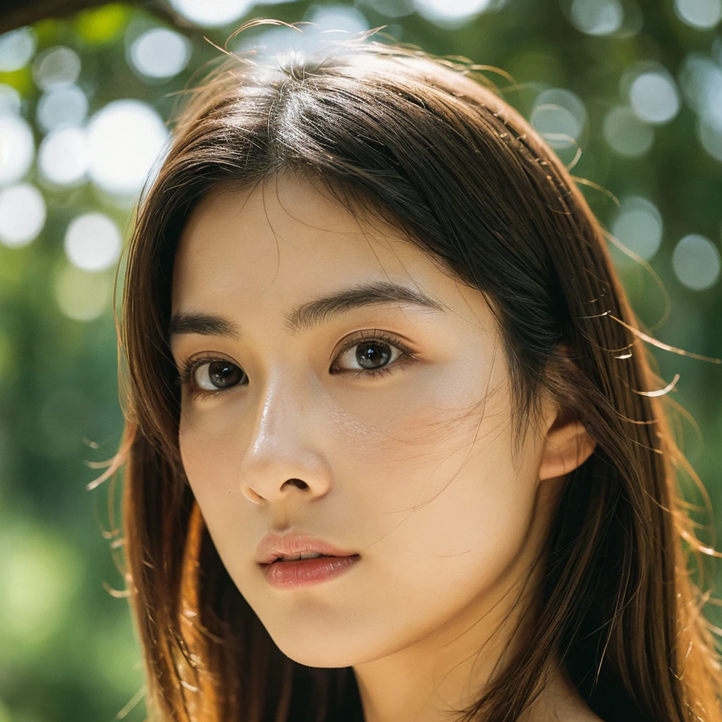 A hyper-realistic image of a single Japanese woman in her early 20s, captured with the nostalgic warmth and subtle graininess of a film camera. Her skin has a warm beige tone with a natural, slightly rough texture that includes visible pores, fine lines, and subtle imperfections such as small blemishes, adding to the authenticity of her appearance. The soft, diffused natural light enhances the film-like quality, casting gentle shadows that create a timeless, organic feel. Her straight, glossy black hair frames her face in a natural, slightly tousled manner, and her deep brown eyes reflect the ambient light, adding depth and emotion. The film camera effect introduces a slight grain and a softer focus, giving the image a warm, nostalgic atmosphere while maintaining the realistic texture of her skin. She is dressed simply, in a way that complements her natural beauty, with the overall composition designed to evoke a sense of genuine, understated elegance. The use of natural light, combined with the deliberately rougher texture of her skin and the film-like qualities, ensures that this image captures the imperfections that make her beauty truly lifelike, focusing solely on this one individual.