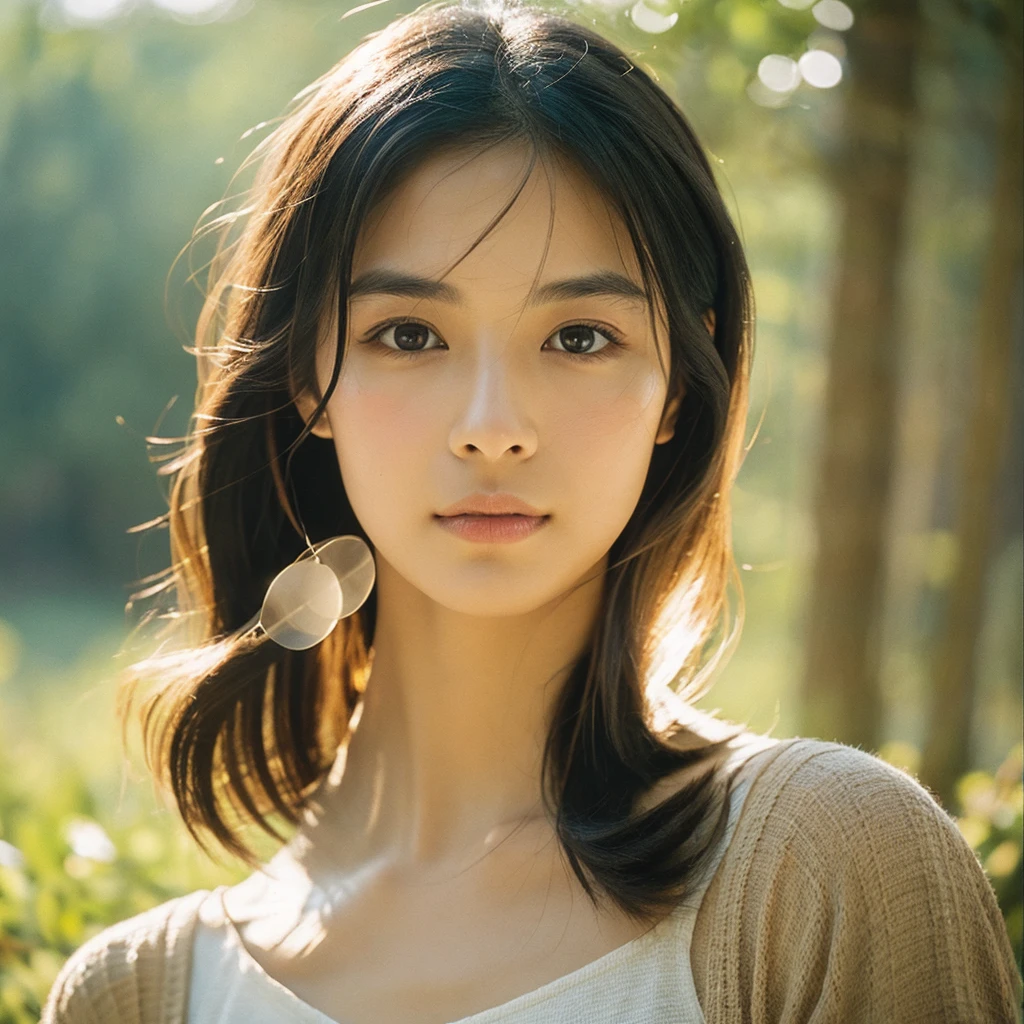 A hyper-realistic image of a single Japanese woman in her early 20s, captured with the nostalgic warmth and subtle graininess of a film camera. Her skin has a warm beige tone with a natural, slightly rough texture that includes visible pores, fine lines, and subtle imperfections such as small blemishes, adding to the authenticity of her appearance. The soft, diffused natural light enhances the film-like quality, casting gentle shadows that create a timeless, organic feel. Her straight, glossy black hair frames her face in a natural, slightly tousled manner, and her deep brown eyes reflect the ambient light, adding depth and emotion. The film camera effect introduces a slight grain and a softer focus, giving the image a warm, nostalgic atmosphere while maintaining the realistic texture of her skin. She is dressed simply, in a way that complements her natural beauty, with the overall composition designed to evoke a sense of genuine, understated elegance. The use of natural light, combined with the deliberately rougher texture of her skin and the film-like qualities, ensures that this image captures the imperfections that make her beauty truly lifelike, focusing solely on this one individual.