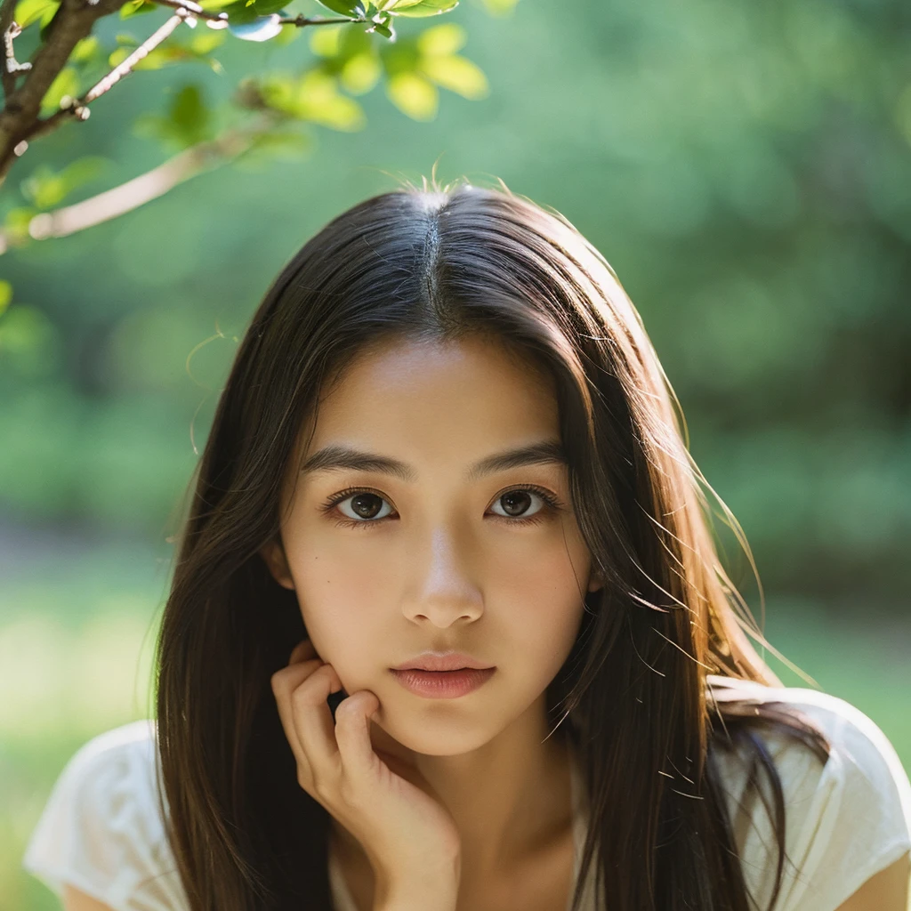 A hyper-realistic image of a single Japanese woman in her early 20s, captured with the nostalgic warmth and subtle graininess of a film camera. Her skin has a warm beige tone with a natural, slightly rough texture that includes visible pores, fine lines, and subtle imperfections such as small blemishes, adding to the authenticity of her appearance. The soft, diffused natural light enhances the film-like quality, casting gentle shadows that create a timeless, organic feel. Her straight, glossy black hair frames her face in a natural, slightly tousled manner, and her deep brown eyes reflect the ambient light, adding depth and emotion. The film camera effect introduces a slight grain and a softer focus, giving the image a warm, nostalgic atmosphere while maintaining the realistic texture of her skin. She is dressed simply, in a way that complements her natural beauty, with the overall composition designed to evoke a sense of genuine, understated elegance. The use of natural light, combined with the deliberately rougher texture of her skin and the film-like qualities, ensures that this image captures the imperfections that make her beauty truly lifelike, focusing solely on this one individual.