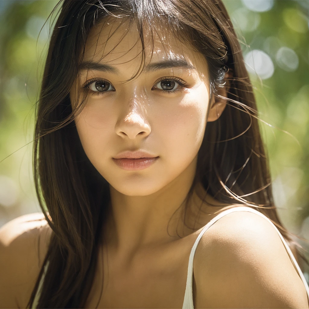 A hyper-realistic image of a single Japanese woman in her early 20s, captured with the nostalgic warmth and subtle graininess of a film camera. Her skin has a warm beige tone with a natural, slightly rough texture that includes visible pores, fine lines, and subtle imperfections such as small blemishes, adding to the authenticity of her appearance. The soft, diffused natural light enhances the film-like quality, casting gentle shadows that create a timeless, organic feel. Her straight, glossy black hair frames her face in a natural, slightly tousled manner, and her deep brown eyes reflect the ambient light, adding depth and emotion. The film camera effect introduces a slight grain and a softer focus, giving the image a warm, nostalgic atmosphere while maintaining the realistic texture of her skin. She is dressed simply, in a way that complements her natural beauty, with the overall composition designed to evoke a sense of genuine, understated elegance. The use of natural light, combined with the deliberately rougher texture of her skin and the film-like qualities, ensures that this image captures the imperfections that make her beauty truly lifelike, focusing solely on this one individual.