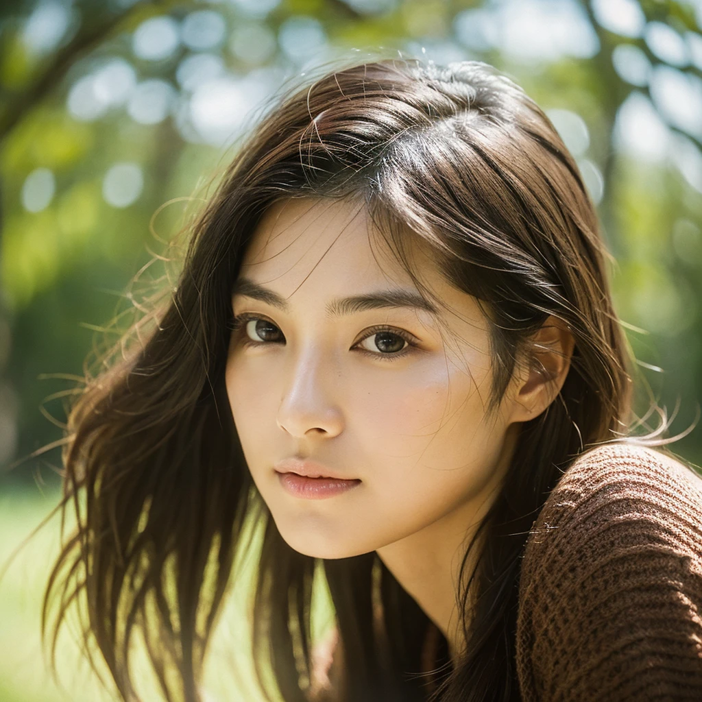 A hyper-realistic image of a single Japanese woman in her early 20s, captured with the nostalgic warmth and subtle graininess of a film camera. Her skin has a warm beige tone with a natural, slightly rough texture that includes visible pores, fine lines, and subtle imperfections such as small blemishes, adding to the authenticity of her appearance. The soft, diffused natural light enhances the film-like quality, casting gentle shadows that create a timeless, organic feel. Her straight, glossy black hair frames her face in a natural, slightly tousled manner, and her deep brown eyes reflect the ambient light, adding depth and emotion. The film camera effect introduces a slight grain and a softer focus, giving the image a warm, nostalgic atmosphere while maintaining the realistic texture of her skin. She is dressed simply, in a way that complements her natural beauty, with the overall composition designed to evoke a sense of genuine, understated elegance. The use of natural light, combined with the deliberately rougher texture of her skin and the film-like qualities, ensures that this image captures the imperfections that make her beauty truly lifelike, focusing solely on this one individual.