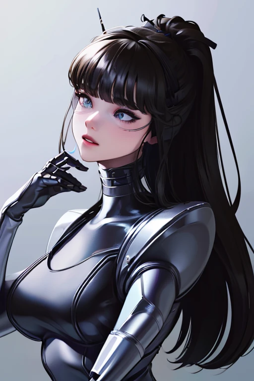 (masterpiece),(Highest quality),(Super detailed),(Best illustrations),(Best Shadow),(Absurd),(Detailed Background),(so beautiful), 16K, 8K, 4K,(Best Shadow),empty eyes,robotization,woman ,big bust,Robot Joint ,Metal skin,Black Suit,long hair,a black suit that covers the whole body