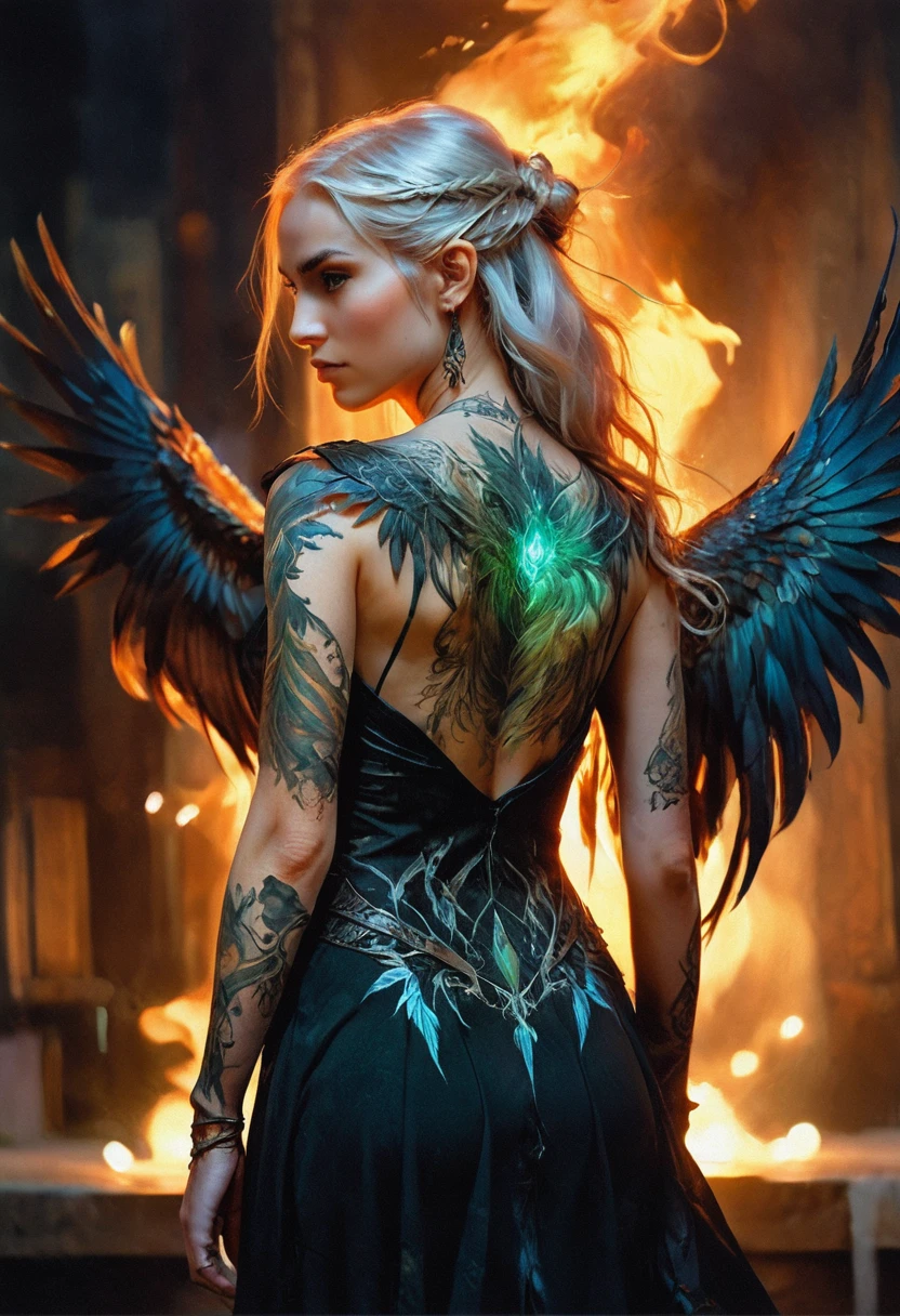 watercolor art, fantasy art, goth art, a picture of a tattoo on the back of a female elf, a glowing tattoo of a ((phoenix: 1.3)) on the elf's back, the ((phoenix tattoo)) is vivid, intricate detailed coming to life from the ink to real life, ((fire surrounds the phoenix: 1.5)), shoot taken from the back, ((the back is visible: 1.3), a most beautiful elf, exquisite beauty, small pointed ears, long hair,  she wears a transparent black dress, the dress is elegant, flowing, elven style, that the tattoos glow, dynamic hair color, dynamic hair style, rpg portrait