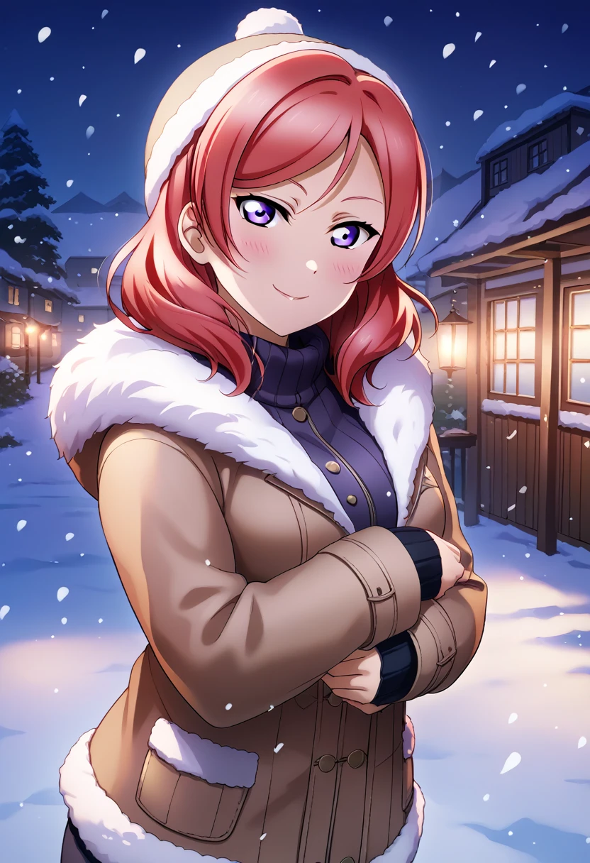 score_9, score_8_up, score_7_up, score_6_up, source_anime, 1girl, nishikino maki, love live!, red hair, purple eyes, medium hair, large breasts, winter clothing, night, outdoor, fur trim, snow, solo, looking at viewer, jacket, blush, long sleeves, smile, fur-trimmed jacket, snowing,