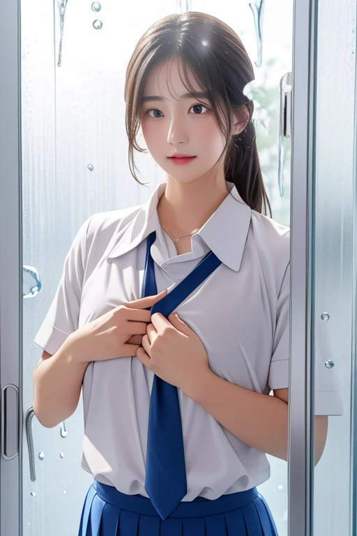 Behind the frosted Glass, masterpiece, Highest quality, chest_upon_Glass,One person, Healthy Body, Sweat, chest upon windows, Water Drop, chest squeezed by Glass, school uniform