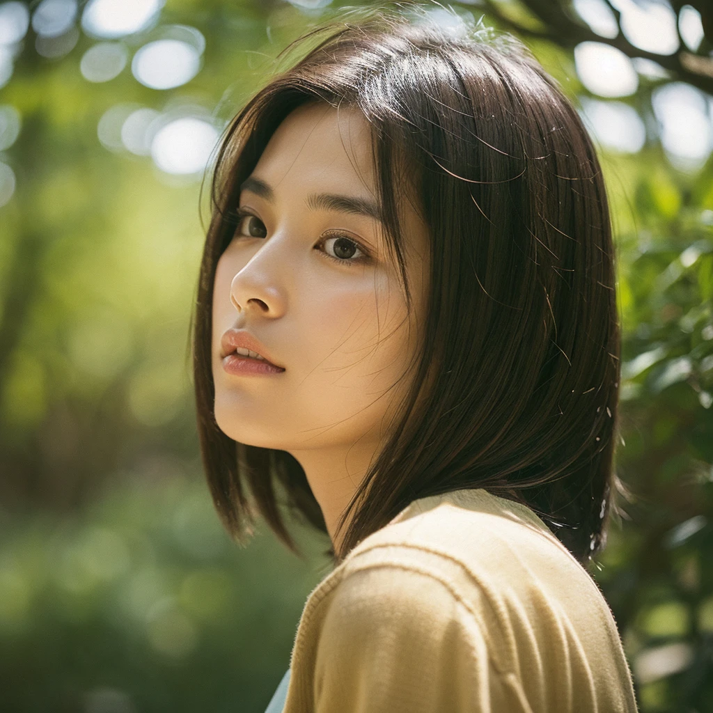 A hyper-realistic image of a single Japanese woman in her early 20s, captured with the nostalgic warmth and subtle graininess of a film camera. Her skin has a warm beige tone with a natural, slightly rough texture that includes visible pores, fine lines, and subtle imperfections such as small blemishes, adding to the authenticity of her appearance. The soft, diffused natural light enhances the film-like quality, casting gentle shadows that create a timeless, organic feel. Her straight, glossy black hair frames her face in a natural, slightly tousled manner, and her deep brown eyes reflect the ambient light, adding depth and emotion. The film camera effect introduces a slight grain and a softer focus, giving the image a warm, nostalgic atmosphere while maintaining the realistic texture of her skin. She is dressed simply, in a way that complements her natural beauty, with the overall composition designed to evoke a sense of genuine, understated elegance. The use of natural light, combined with the deliberately rougher texture of her skin and the film-like qualities, ensures that this image captures the imperfections that make her beauty truly lifelike, focusing solely on this one individual.