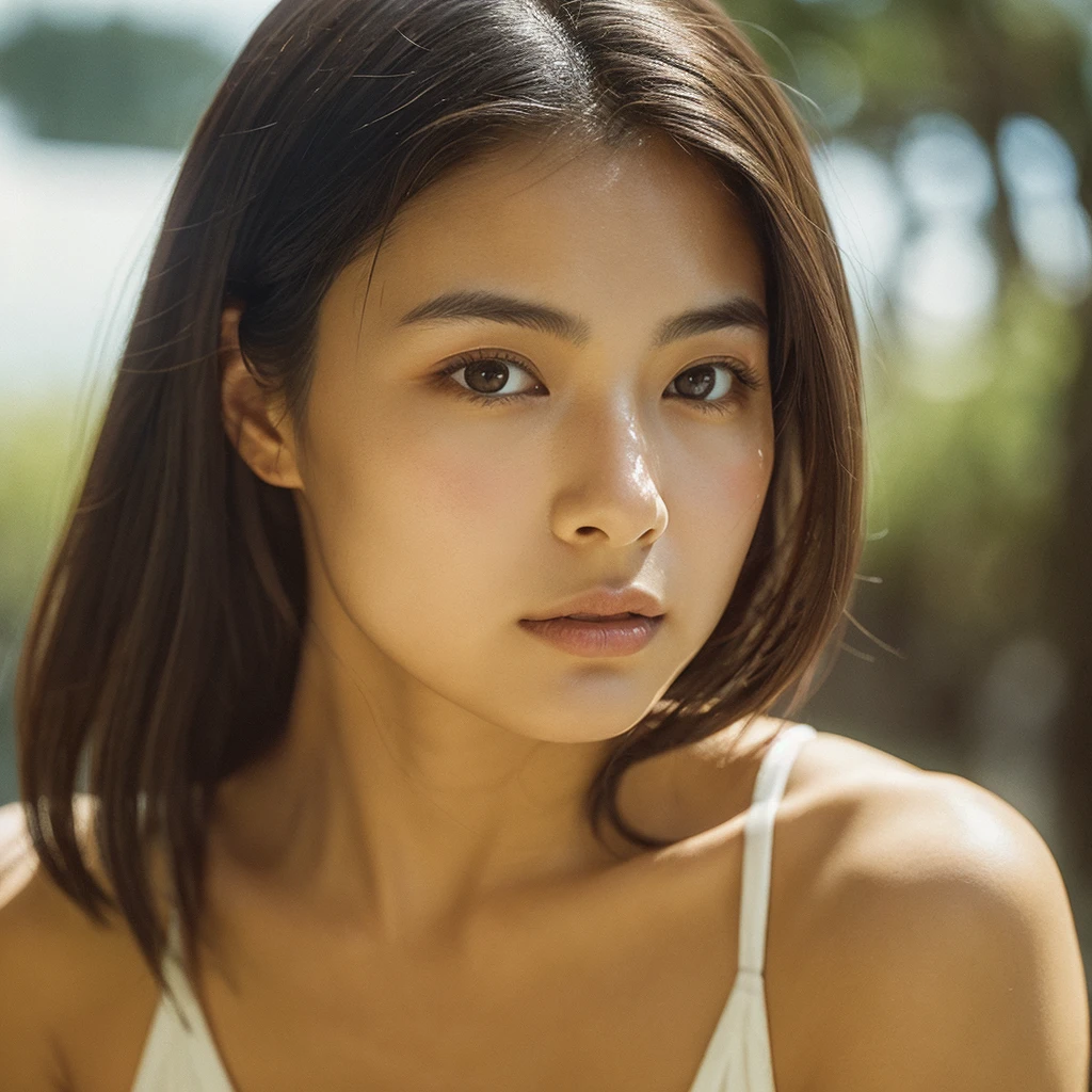 A hyper-realistic image of a single Japanese woman in her early 20s, captured with the nostalgic warmth and subtle graininess of a film camera. Her skin has a warm beige tone with a natural, slightly rough texture that includes visible pores, fine lines, and subtle imperfections such as small blemishes, adding to the authenticity of her appearance. The soft, diffused natural light enhances the film-like quality, casting gentle shadows that create a timeless, organic feel. Her straight, glossy black hair frames her face in a natural, slightly tousled manner, and her deep brown eyes reflect the ambient light, adding depth and emotion. The film camera effect introduces a slight grain and a softer focus, giving the image a warm, nostalgic atmosphere while maintaining the realistic texture of her skin. She is dressed simply, in a way that complements her natural beauty, with the overall composition designed to evoke a sense of genuine, understated elegance. The use of natural light, combined with the deliberately rougher texture of her skin and the film-like qualities, ensures that this image captures the imperfections that make her beauty truly lifelike, focusing solely on this one individual.