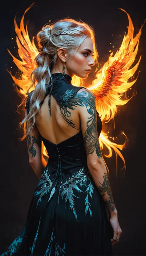 watercolor art, fantasy art, goth art, a picture of a tattoo on the back of a female elf, a glowing tattoo of a ((phoenix: 1.3))...