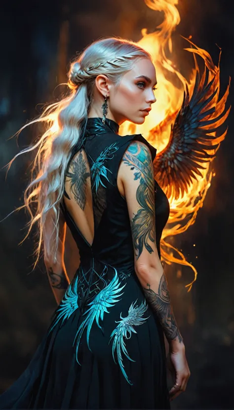 watercolor art, fantasy art, goth art, a picture of a tattoo on the back of a female elf, a glowing tattoo of a ((phoenix: 1.3))...