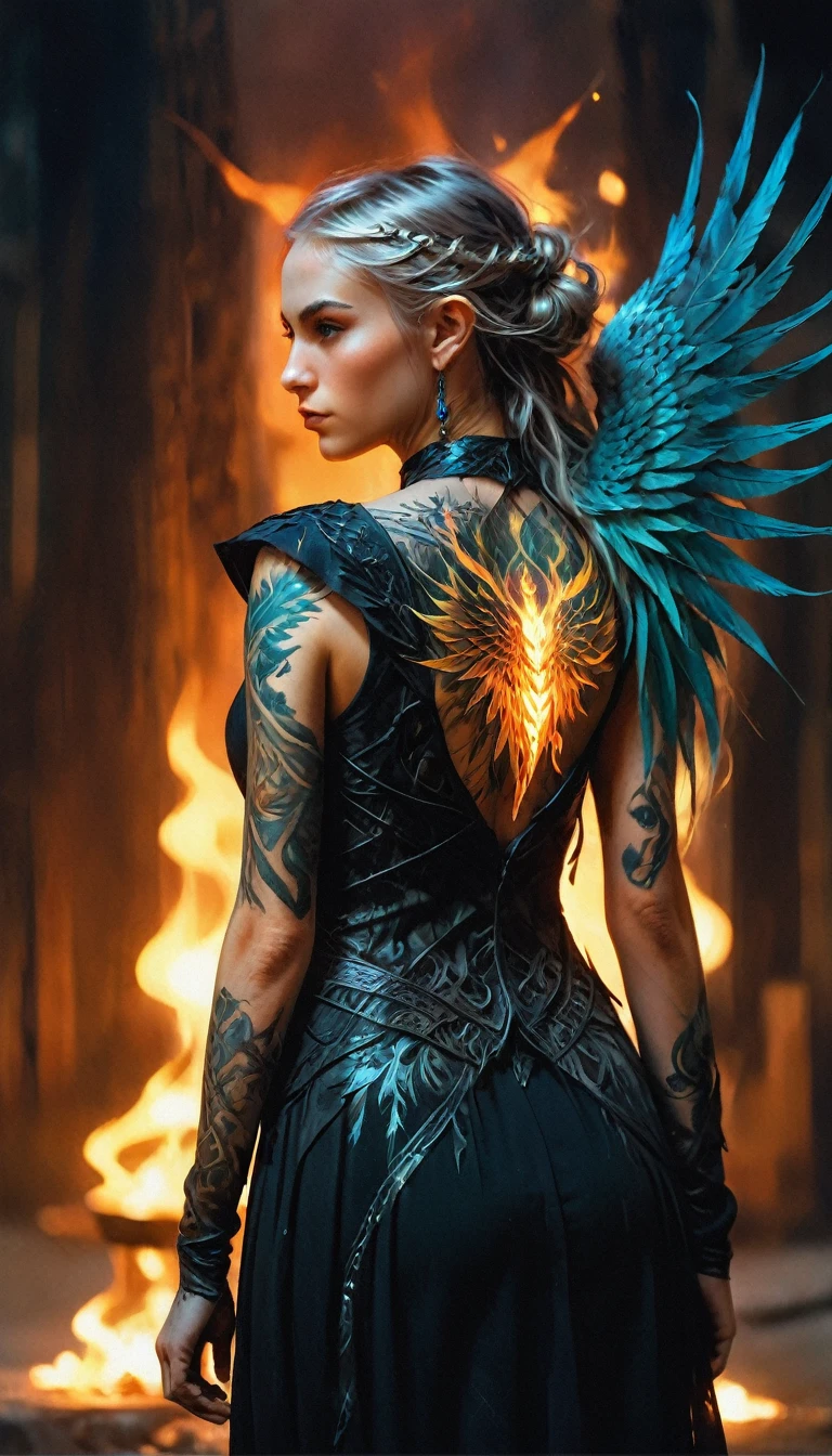 watercolor art, fantasy art, goth art, a picture of a tattoo on the back of a female elf, a glowing tattoo of a ((phoenix: 1.3)) on the elf's back, the ((phoenix tattoo)) is vivid, intricate detailed coming to life from the ink to real life, ((fire surrounds the phoenix: 1.5)), shoot taken from the back, ((the back is visible: 1.3), a most beautiful elf, exquisite beauty, small pointed ears, long hair,  she wears a transparent black dress, the dress is elegant, flowing, elven style, that the tattoos glow, dynamic hair color, dynamic hair style, rpg portrait