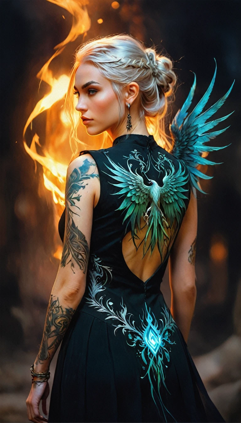 watercolor art, fantasy art, goth art, a picture of a tattoo on the back of a female elf, a glowing tattoo of a ((phoenix: 1.3)) on the elf's back, the ((phoenix tattoo)) is vivid, intricate detailed coming to life from the ink to real life, ((fire surrounds the phoenix: 1.5)), shoot taken from the back, ((the back is visible: 1.3), a most beautiful elf, exquisite beauty, small pointed ears, long hair,  she wears a transparent black dress, the dress is elegant, flowing, elven style, that the tattoos glow, dynamic hair color, dynamic hair style, rpg portrait