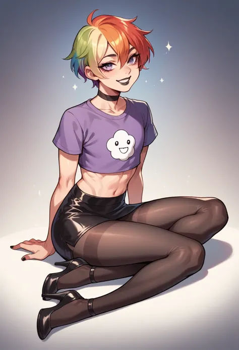 a young man, femboy, thin and delicate body, short hair, hair between eyes, rainbow hair, purple mini sweatshirt, lgbt, mini ski...