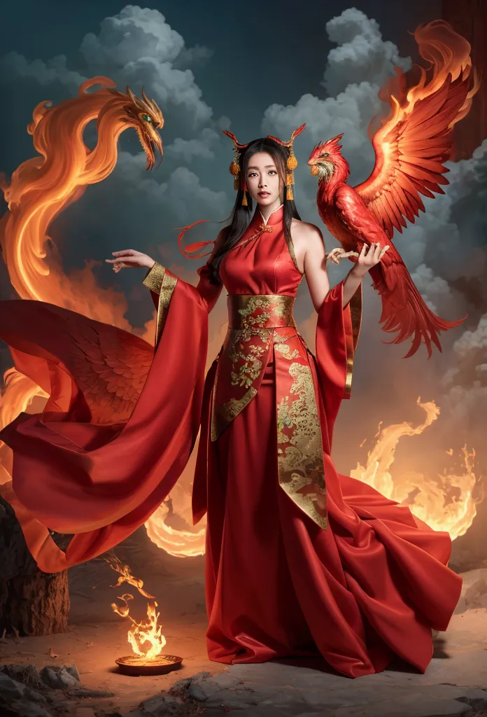 chinese style，chinese mythology，firebird，cough，ferocious，huge，eyes glow red，covered in flames，shrouded in clouds，the scene is，fu...