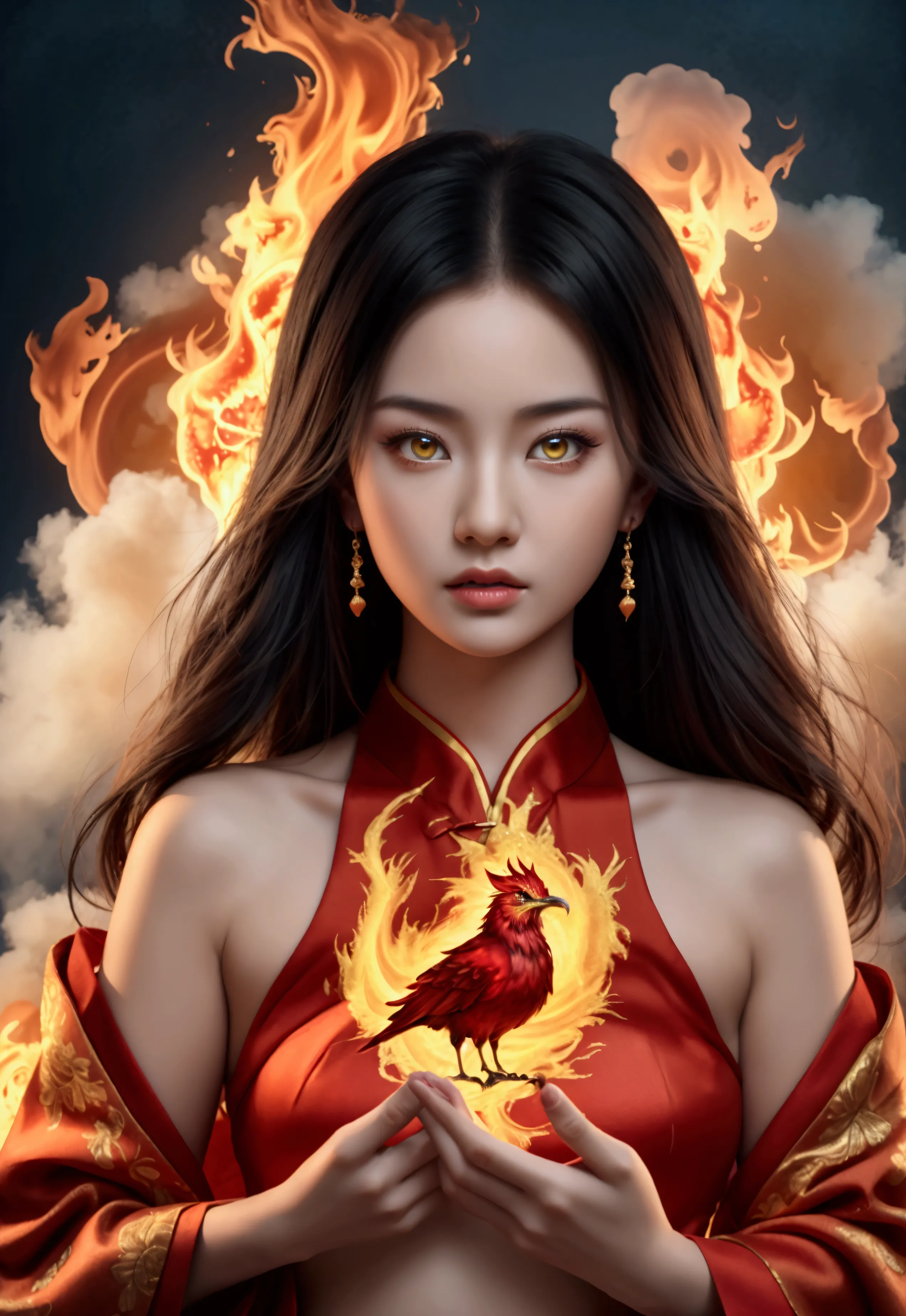 chinese style，chinese mythology，firebird，cough，ferocious，huge，eyes glow red，covered in flames，shrouded in clouds，the scene is，fu...