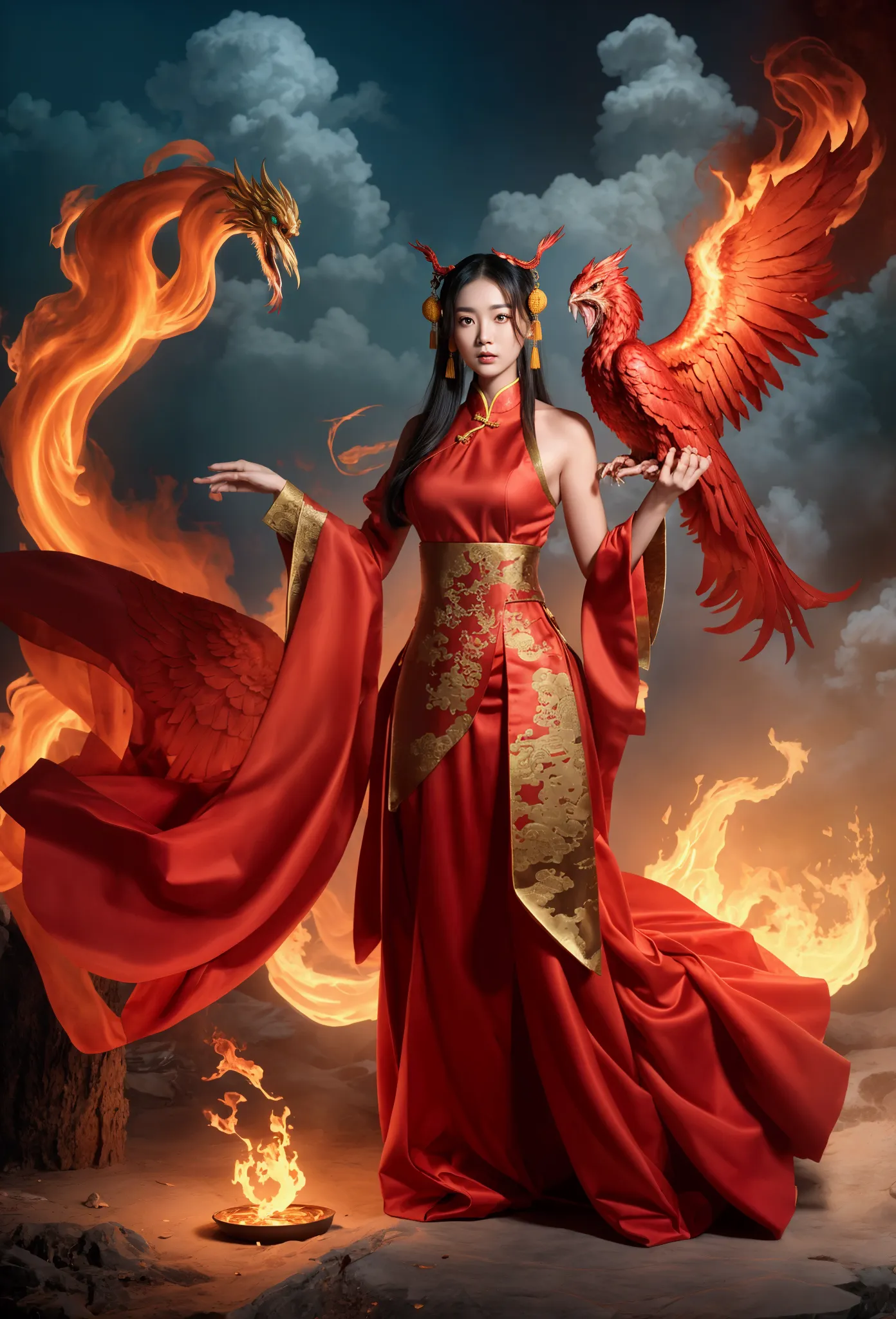 chinese style，chinese mythology，firebird，cough，ferocious，huge，eyes glow red，covered in flames，shrouded in clouds，the scene is，fu...