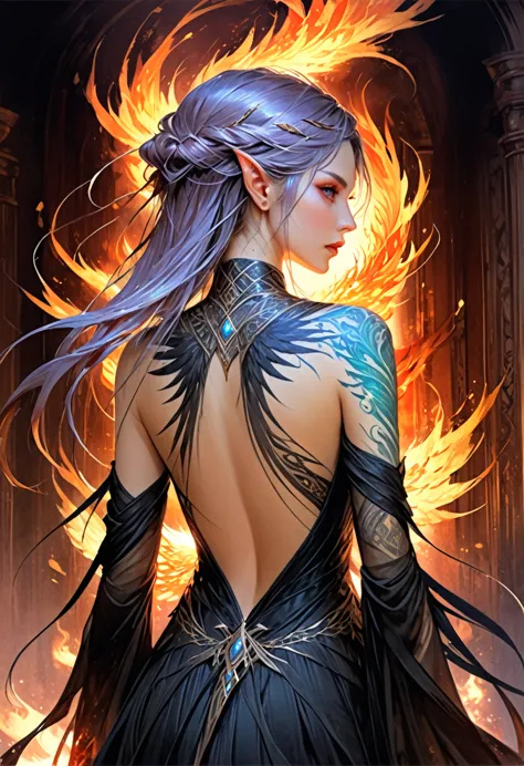 watercolor art, fantasy art, goth art, a picture of a tattoo on the back of a female elf, a glowing tattoo of a ((phoenix: 1.3))...