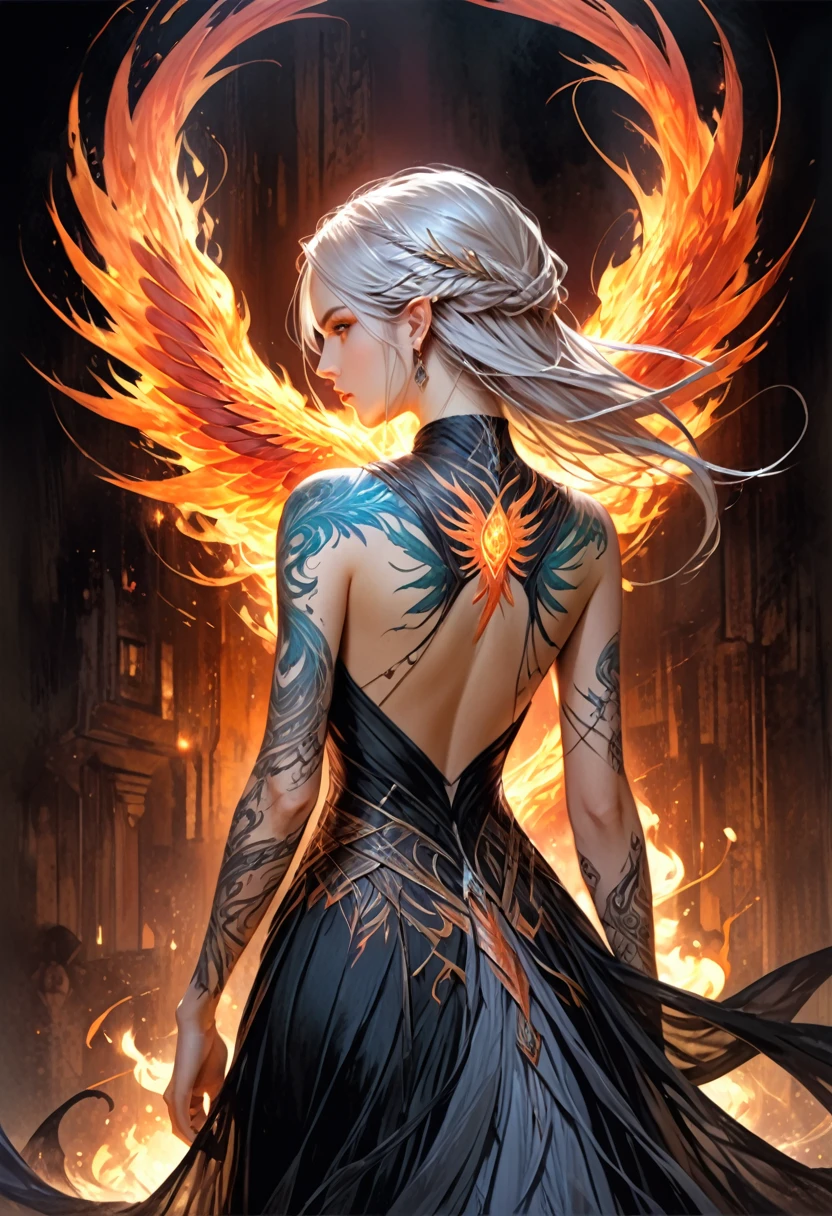 watercolor art, fantasy art, goth art, a picture of a tattoo on the back of a female elf, a glowing tattoo of a ((phoenix: 1.3)) on the elf's back, the ((phoenix tattoo)) is vivid, intricate detailed coming to life from the ink to real life, ((fire surrounds the phoenix: 1.5)), shoot taken from the back, ((the back is visible: 1.3), a most beautiful elf, exquisite beauty, small pointed ears, long hair,  she wears a transparent black dress, the dress is elegant, flowing, elven style, that the tattoos glow, dynamic hair color, dynamic hair style, rpg portrait