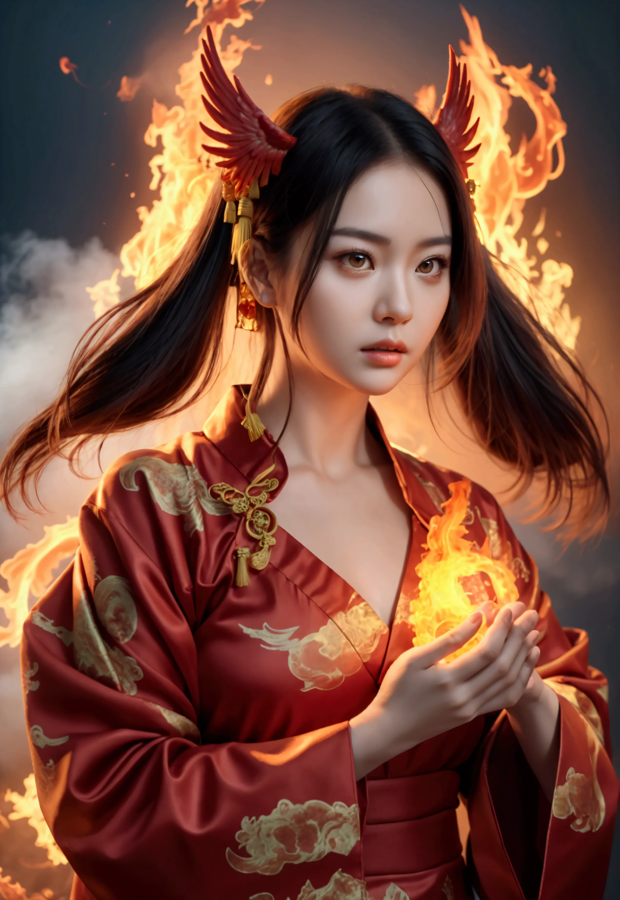 phoenix，chinese style，chinese mythology，firebird，cough，ferocious，huge，eyes glow red，covered in flames，shrouded in clouds，the sce...