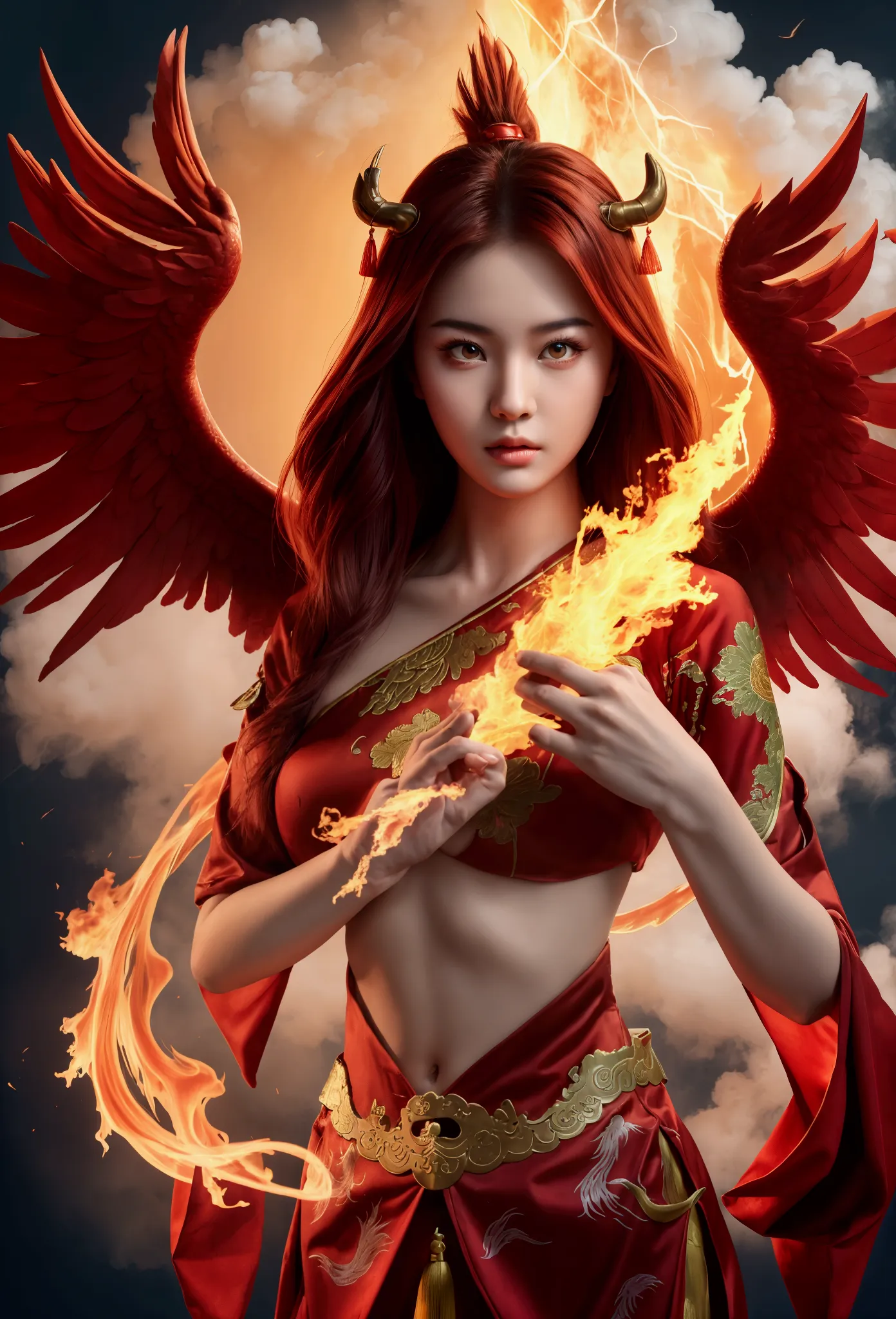 phoenix，chinese style，chinese mythology，firebird，cough，ferocious，huge，eyes glow red，covered in flames，shrouded in clouds，the sce...