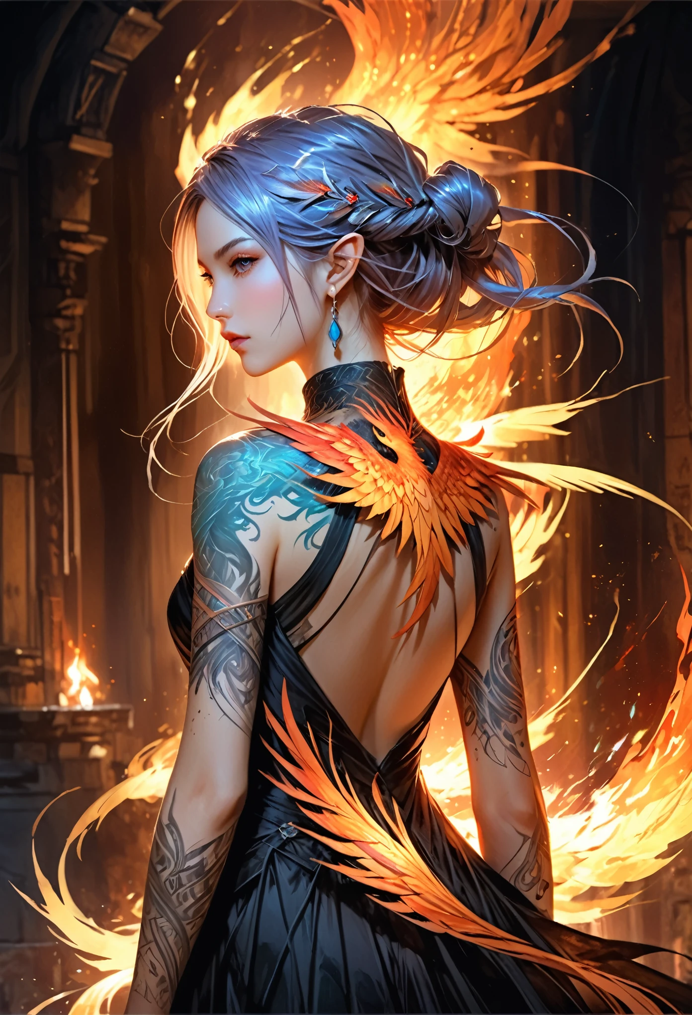 watercolor art, fantasy art, goth art, a picture of a tattoo on the back of a female elf, a glowing tattoo of a ((phoenix: 1.3)) on the elf's back, the ((phoenix tattoo)) is vivid, intricate detailed coming to life from the ink to real life, ((fire surrounds the phoenix: 1.5)), shoot taken from the back, ((the back is visible: 1.3), a most beautiful elf, exquisite beauty, small pointed ears, long hair,  she wears a transparent black dress, the dress is elegant, flowing, elven style, that the tattoos glow, dynamic hair color, dynamic hair style, rpg portrait