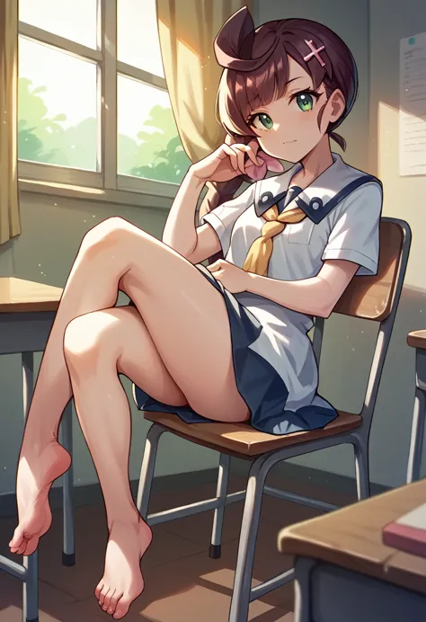 masterpiece,best quality, 1girl, school uniform, sitting on chair, cross leg, class room,show feetï¼sole of foot