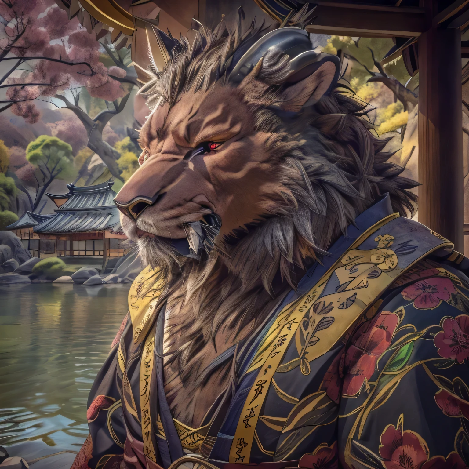 (Highest quality, 32K High Resolution:1.2, Very detailed, Realistic, photoRealistic, masterpiece,), Official Art, Full Body View, male, good looking, Majestic Beast, Dark sienna brown fur, Black Mane, Leonhard, Muscular body, Crimson Eyes, Serious look , Small ears, Curved black horns, Long upper jaw crab teeth