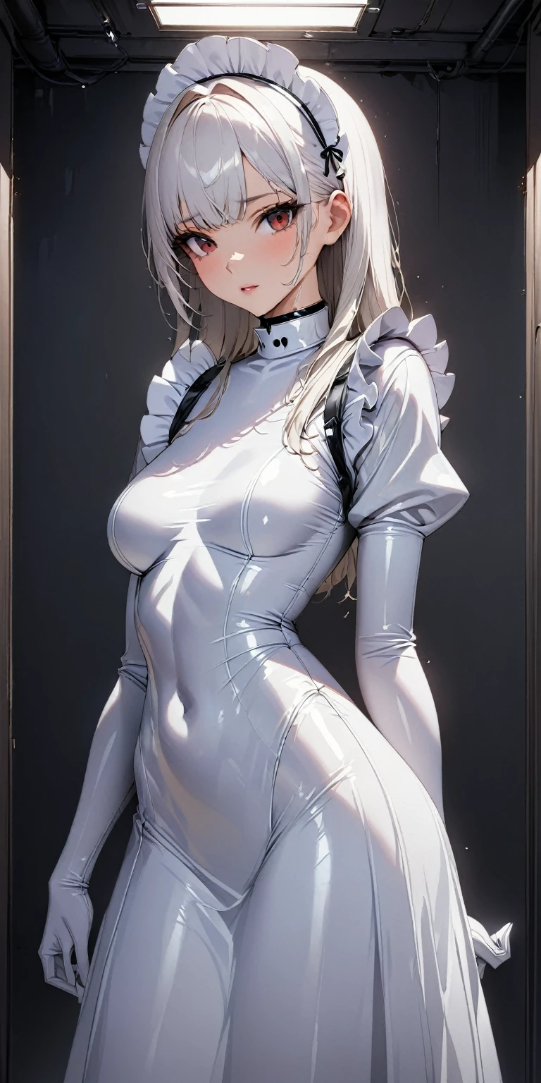 Portraiture、(masterpiece,Highest quality,Ultra-high resolution),Japanese women, (((A very beautiful 2))),(White latex maid outfit)、(White latex long skirt)、(A long-sleeved white latex shirt covering the upper body)、White latex long gloves、White latex socks、Latex bodysuit、The clothes fit snugly to the body、Latex is very shiny、Dark Room、