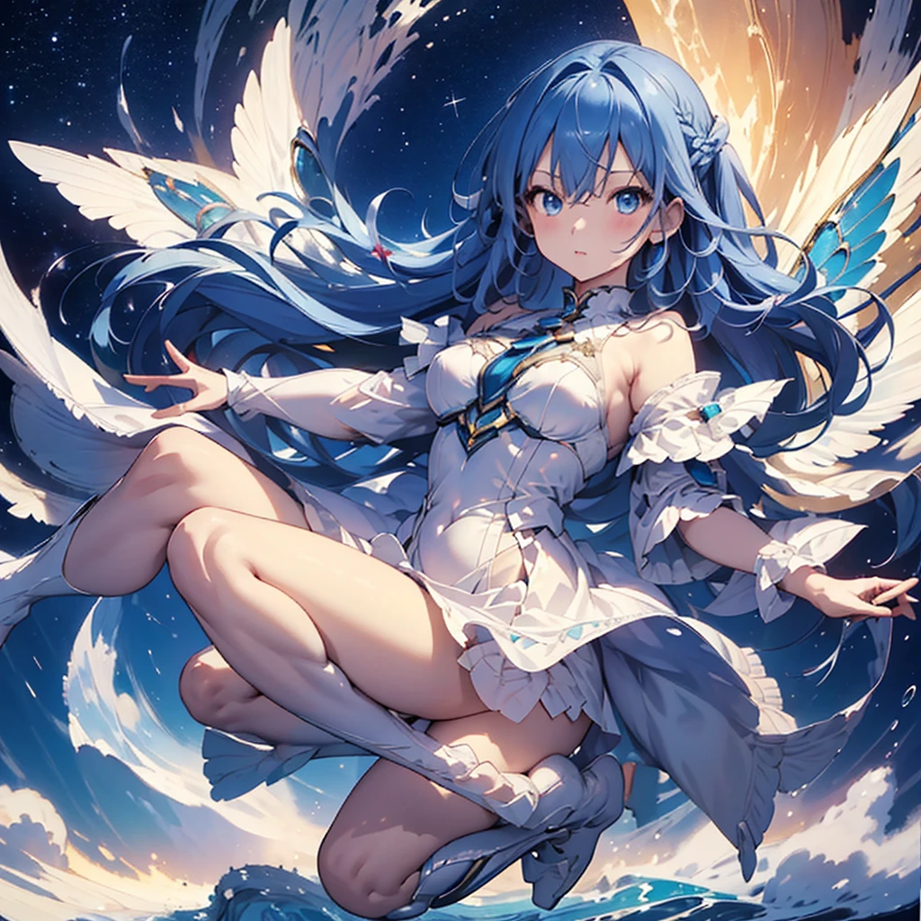 1girl,(((Highest quality、Masterpiece、Official Art、Award-winning works、Perfect Anatomy、Perfect human body、Super detailed、Fine lines of hair、The best dynamic composition)))、Anime Style、Star Fairy、It has transparent rainbow-colored wings growing on its back.、cute、White long boots、☆、Milky Way、universe、Meteors、Giant Star、Charm、Sparkling、Wake Up, Girls!,With feet firmly planted on the star-shaped earth、The stars shine beneath my feet、