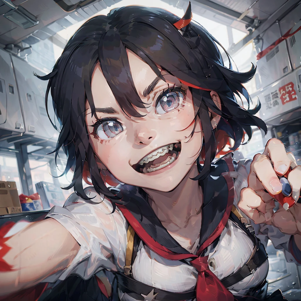 1girl, ryuko matoi, open mouth, smiling, grey braces, face focus, best quality, masterpiece, highres