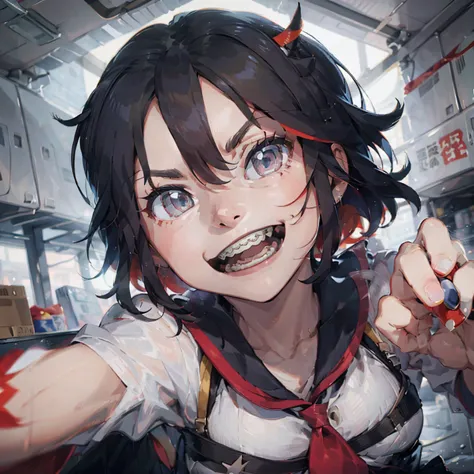 1girl, ryuko matoi, open mouth, smiling, grey braces, face focus, best quality, masterpiece, highres