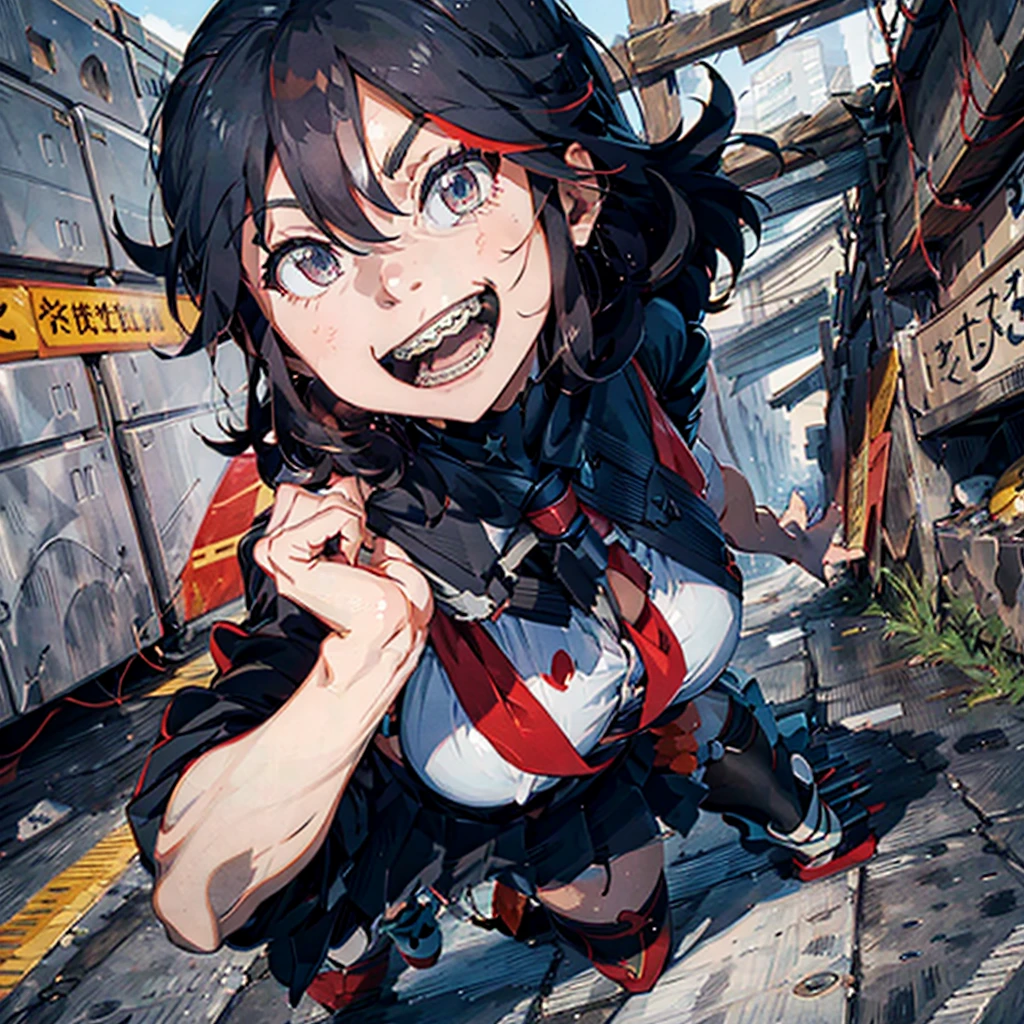 1girl, ryuko matoi, open mouth, smiling, grey braces, face focus, best quality, masterpiece, highres