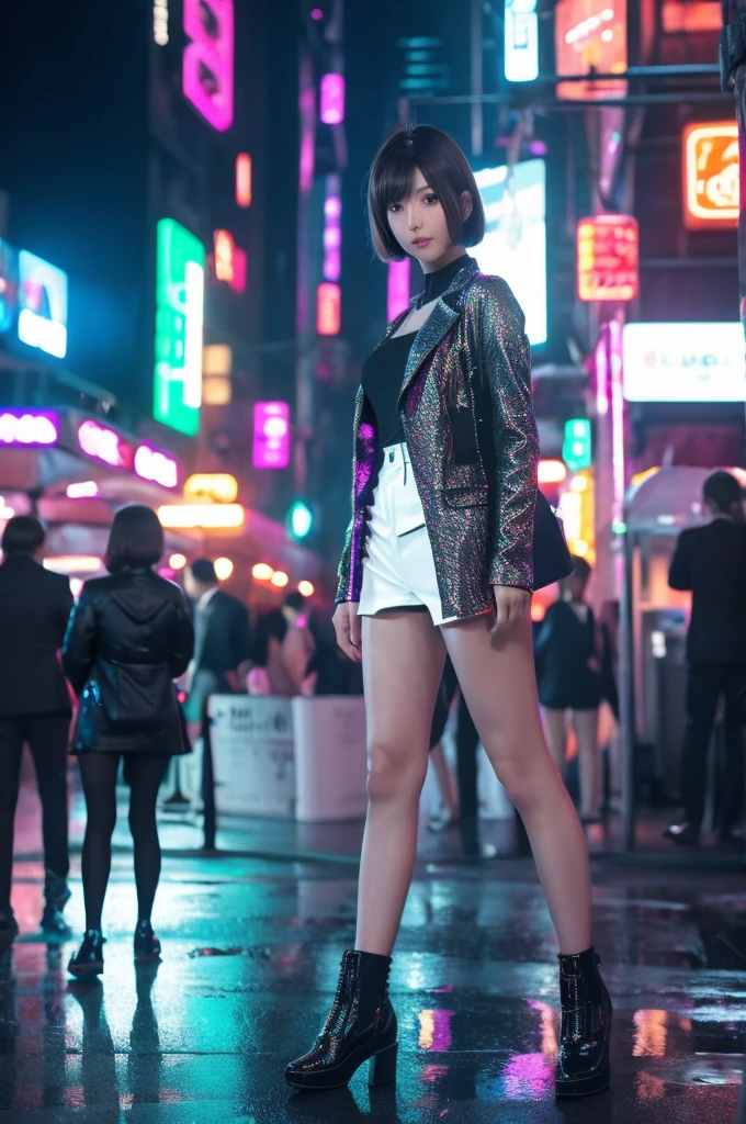 best quality, 8k, highly detailed face and skin texture, high resolution, sexy short hair japanes girl in futuristic suit in future city at night, with neon light, full body, sharp focus
