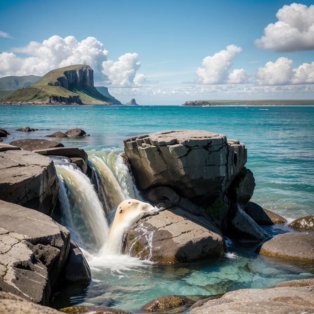 surrealism .Happy enjoying the sun on a rocky beach with blue waters., waterfall. the sky is clear, And the seals look comfortable and content., It symbolizes a peaceful and happy ending to the journey..."
These prompts will help you create visual elements that will bring your story to life.., It captures both the hardships and happy resolutions of the White Seal&#39;s journey...Dramatic lighting and staging, Surreal and aesthetically beautiful, sparkling effect