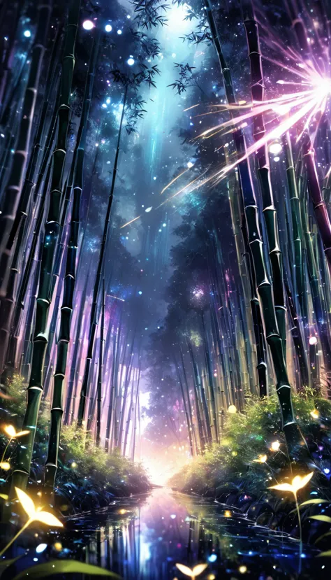 bamboo forest in the dark night, delicate and sharp, clear outline, soft interior lighting, many small fireflies flying, hologra...