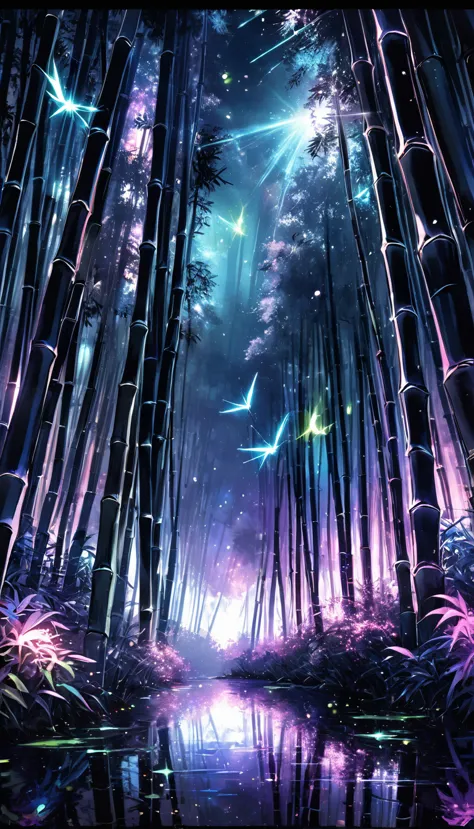 bamboo forest in the dark night, delicate and sharp, clear outline, soft interior lighting, many small fireflies flying, hologra...