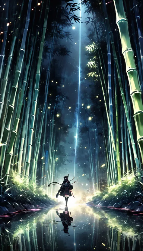 bamboo forest in the dark night, delicate and sharp, clear outline, soft interior lighting, many small fireflies flying, hologra...