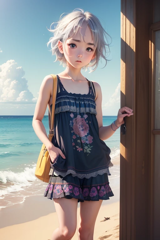 ((masterpiece)), ((Highest quality)), ((High resolution)), ((Highly detailed CG Unity 8k wallpaper)),  alone, Very short stature，Tachibana Sonata, Sunburn , Jojo Fashion， Outdoor, face, Beach, Hanging hair, Parted hair, Silver Hair