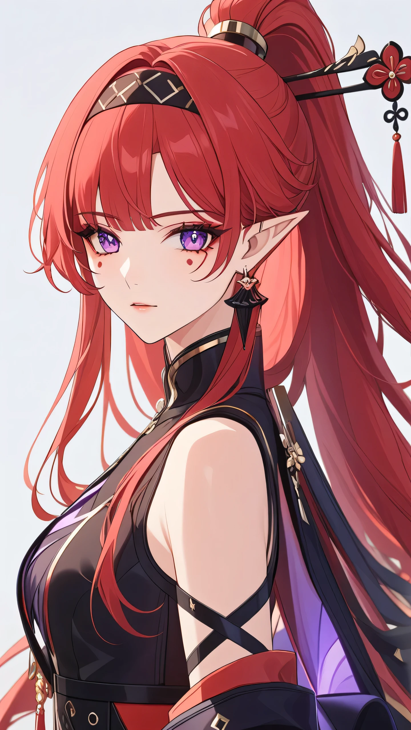 1girl,bangs,jewelry,ponytail,hairband,earrings,red hair,purple eyes,hair ornament,pointy ears,long hair,hair stick,facial mark,solo,mole,