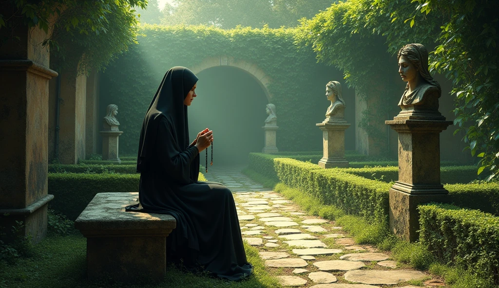 A scene of the Nun of Monza in a secluded convent garden, surrounded by tall, overgrown hedges and ancient statues. She is sitting on a stone bench, holding a rosary, with a distant look in her eyes. The garden is lush and slightly wild, with a sense of solitude and hidden secrets. The image has a soft, almost ethereal quality, with gentle light filtering through the trees