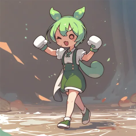 ,zundamon,slender body,,thin waist,,green hair,,animal ears,long hair, low ponytail, hair ears,full body shot,,chibi,boxing,,fac...