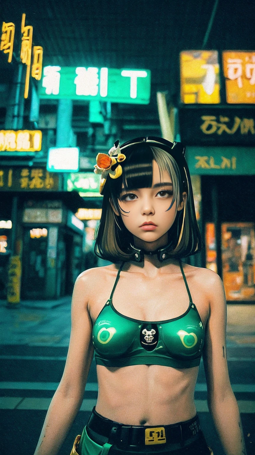 masterpiece, best quality, ultra detailed, hyper detailed, beautiful, exquisite, FHD, 8K, absurdres, a girls, (japanese girl),skull, grumpy, at dusk, with a starry sky, outside, cyberpunk, upper body shot, (lomography:1.3), tilt-shift lens, green hues, line drawing, (lo-fi:1.5), real person,(skinny)