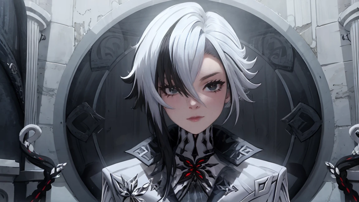 1 girl, One, White hair, black hair, multicolored hair, black eyes, X-shaped pupils, White Arles_suit,  face concentrated