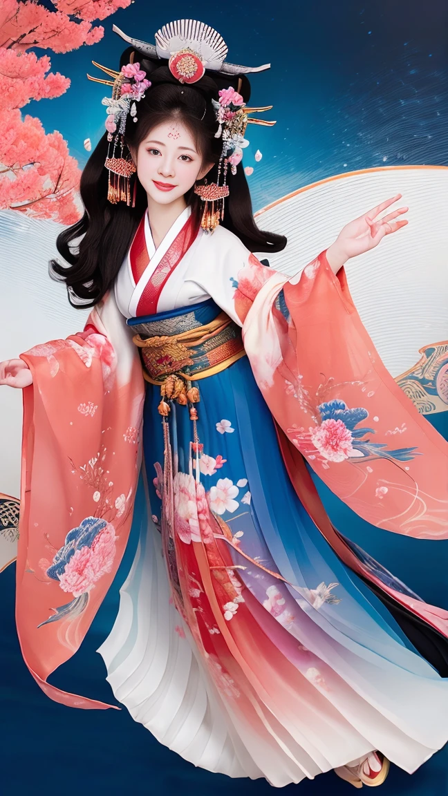 A beautiful woman smiles and shows her upper white teeth、Vividly colored Japanese Ukiyo-e style illustrations、(SeaArt creates stunning illustrations of beautiful women in kimono)、Brown-black long hair、Beautiful full body style、Let&#39;s dance a little Tokyo Ondo Yoiyoi、Beautiful new digital paintings,、Bright vibrant digital anime art、 Detailed digital anime art、 Beautiful anime portraits、background、Torii gate of a shrine in Kyoto, Japan、Detailed CG、