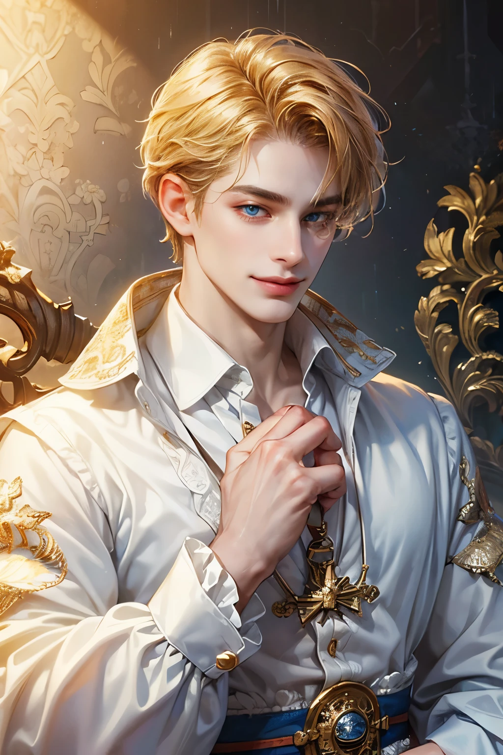 (masterpiece, top quality, best quality, beautiful and aesthetic:1.2), handsome, extreme detailed faces, (fractal art:1.3), 1 person,colorful, highest detailed, (perfect face), shiny skin, HDR, detailed background , 20 years old, 18th century European noblemen，Duke Heir，blond，blue eyes, confidence，Leadership，Thin lips，His eyes are sharp，(white shirt)，Narrow shoulders, Smile, Sharp eyes, short hair
